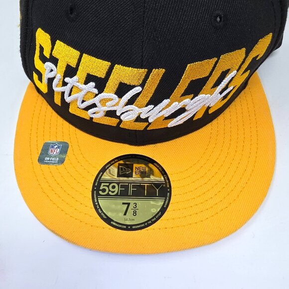 Pittsburg Steelers New Era 59Fifty Hat Cap Mens 7 3/8 Black Yellow NFL Fitted - Picture 2 of 9